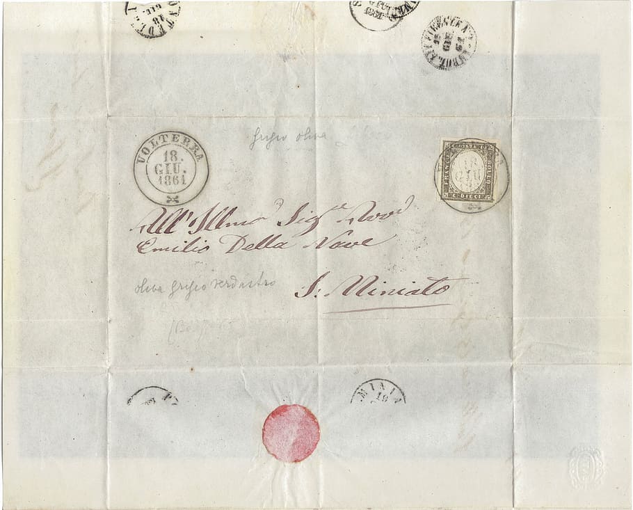 papel blanco de la impresora, junio, mapa, retro, carta, sello, 1861, cerdeña volterra, efímera, antiguo