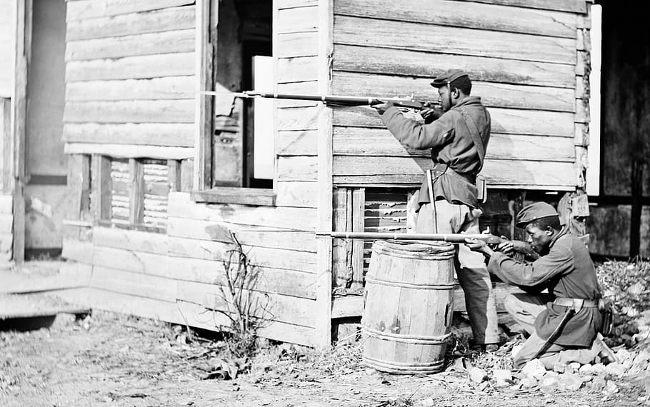 grayscale photograph, two, soldiers, holding, rifles, grayscale, photograph, two soldiers, civil war, virginia
