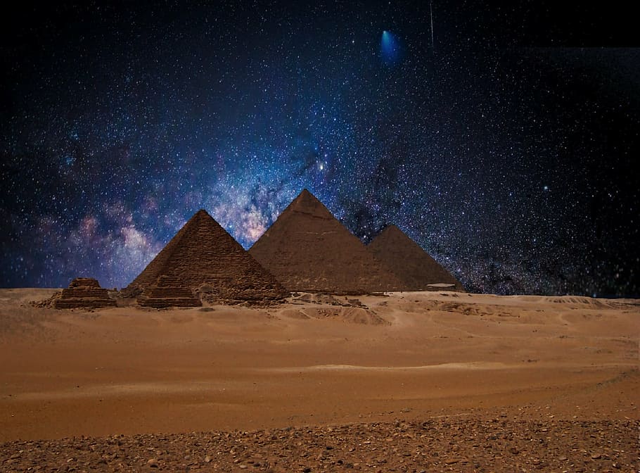 pyramids on desert, star, night sky, pyramids, egypt, starry sky, sky, mood, dark, evening sky