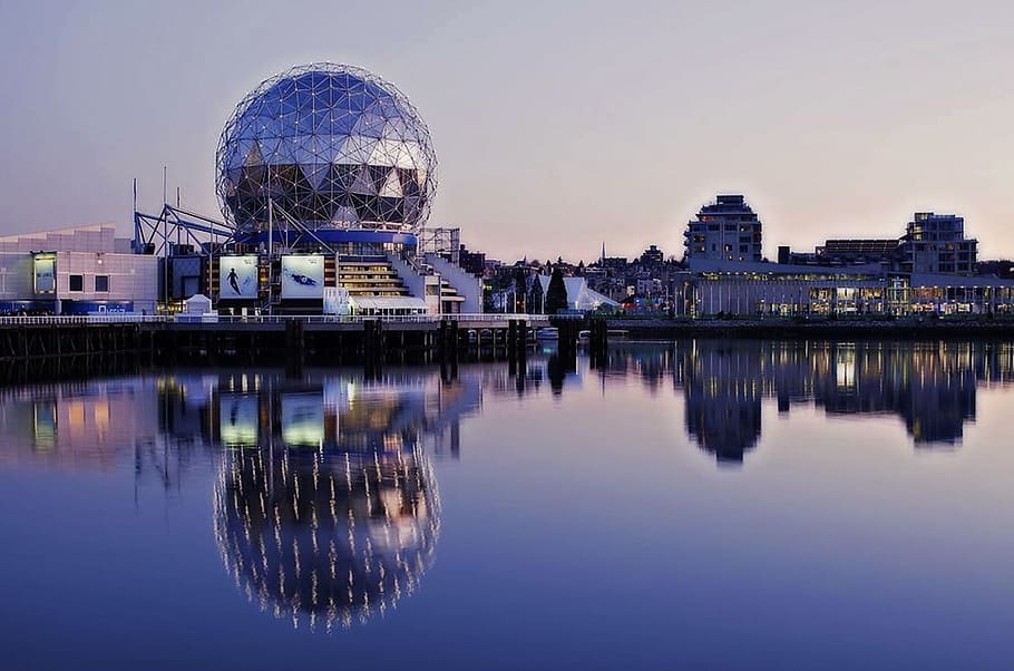 geometric, figured, building, surrounded, small, buildings, water, science world, false creek, vancouver