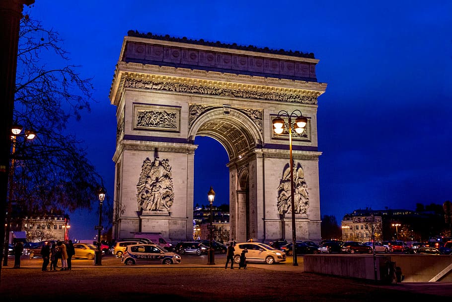 landscape photography, landmark, nighttime, arc de triomphe, paris, france, monument, night, triumphal arch, travel destinations