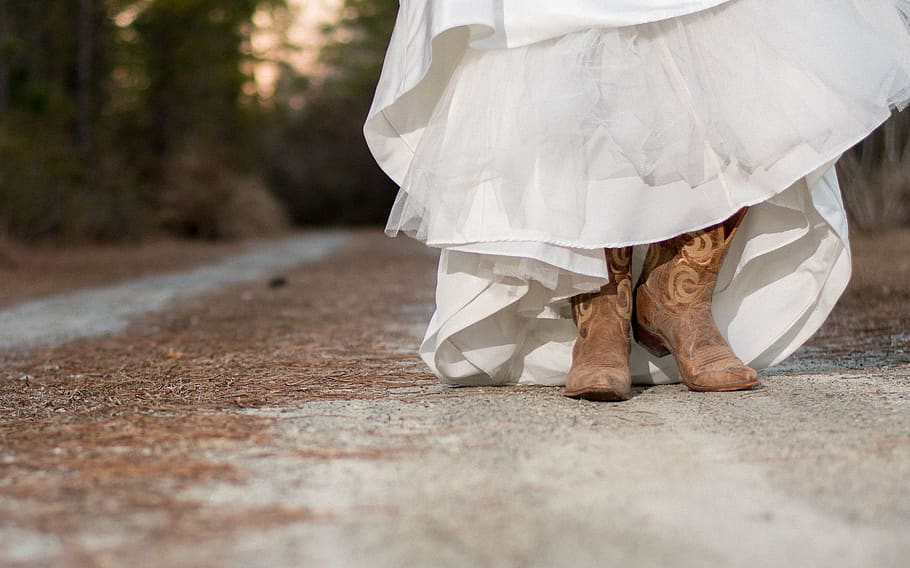 road, wedding dress, bride, girl, cowboy boots, female, wedding, low section, human body part, body part