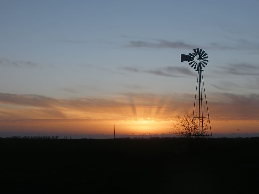 Windmill, Farm, Sunrise, Kansas, windmill, farm, daybreak, rural, rays, dawn, sunset