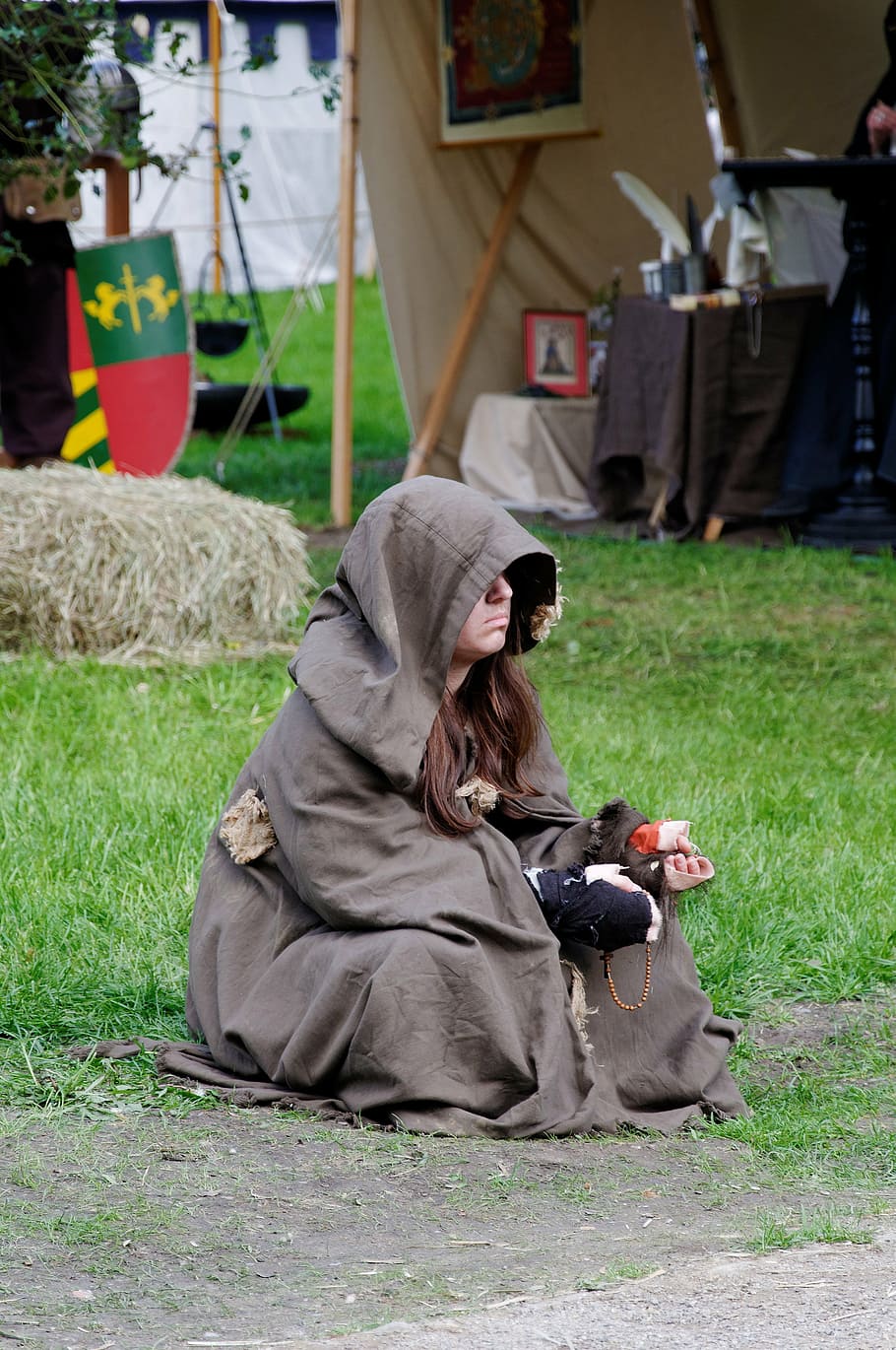medieval market, beggars, sit, middle ages, person, rags, sitting, real people, grass, full length