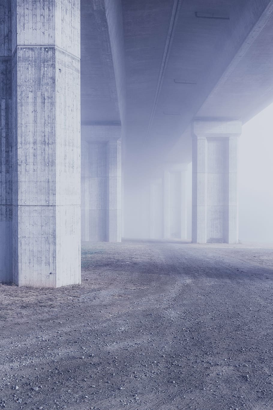 foggy, gray, concrete, bridge, pillar, architecture, structure, building, road, transition