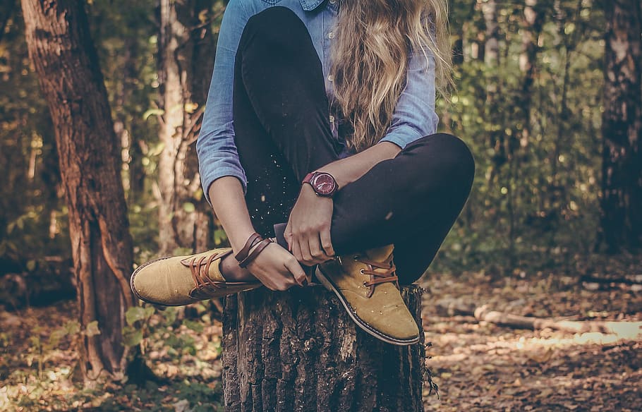 people, woman, sit, fashion, brown, shoes, leather, accessories, forest, woods