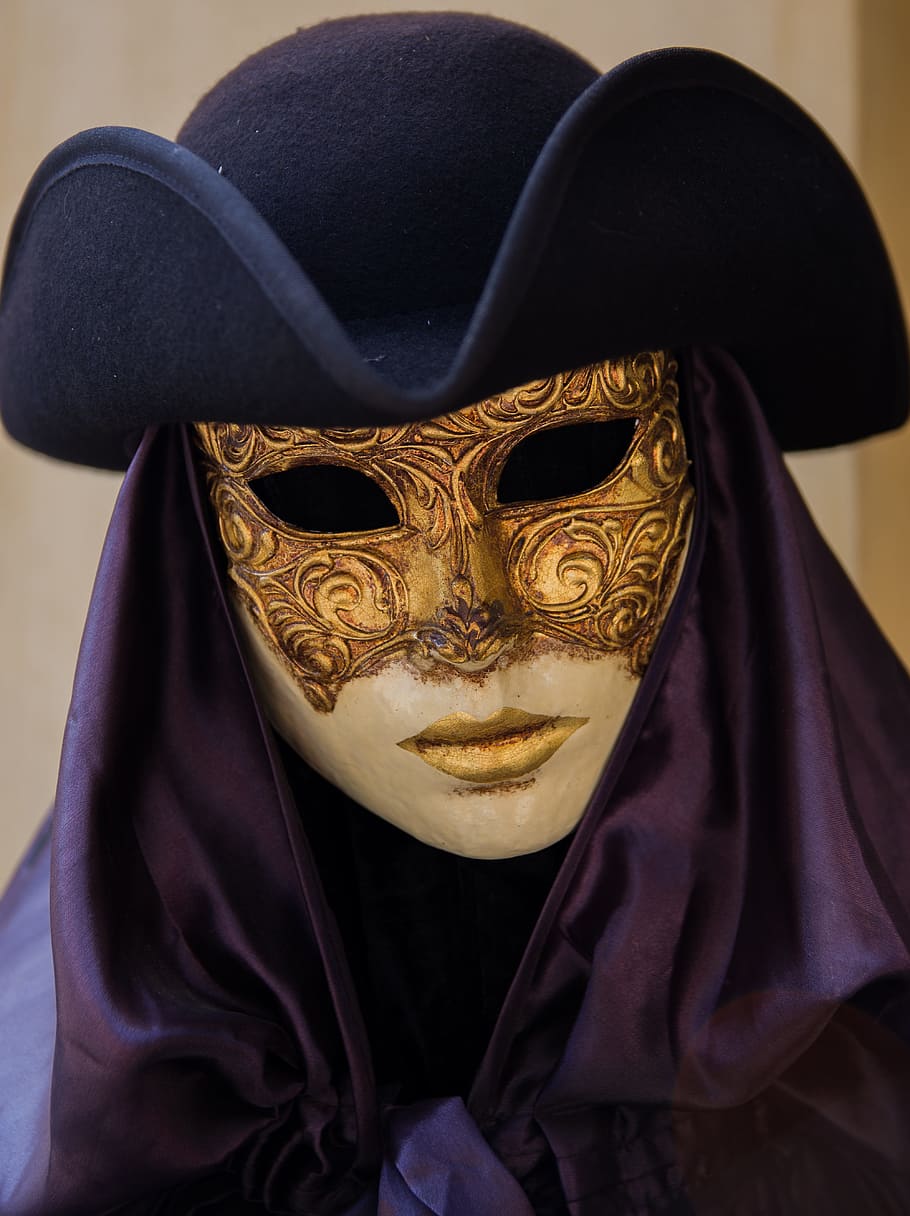 white, gold mask, wearing, hat, venice, mask, carnival, costume, dress up, figure