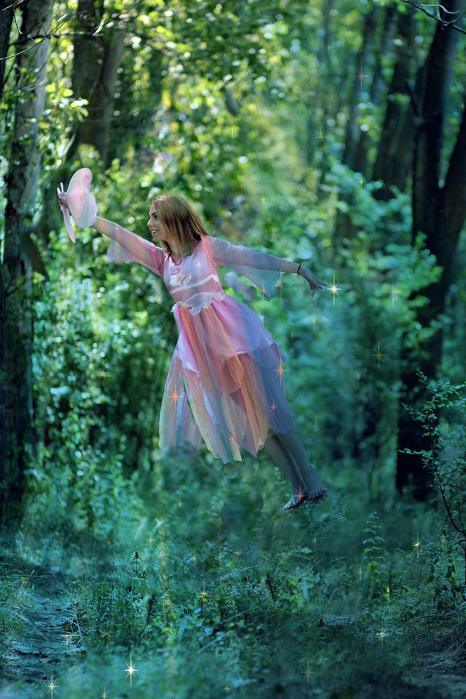 girl, levitation, magic, pink, light, dreaming, beauty, forest, tree, plant