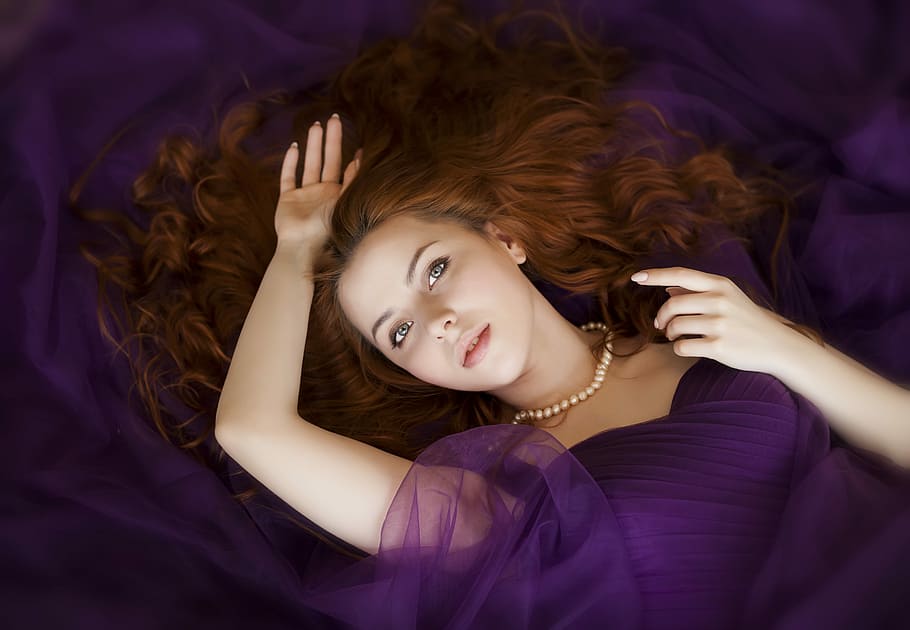 woman, wearing, purple, dress, lying, textile, portrait, fashion, lovely, girl