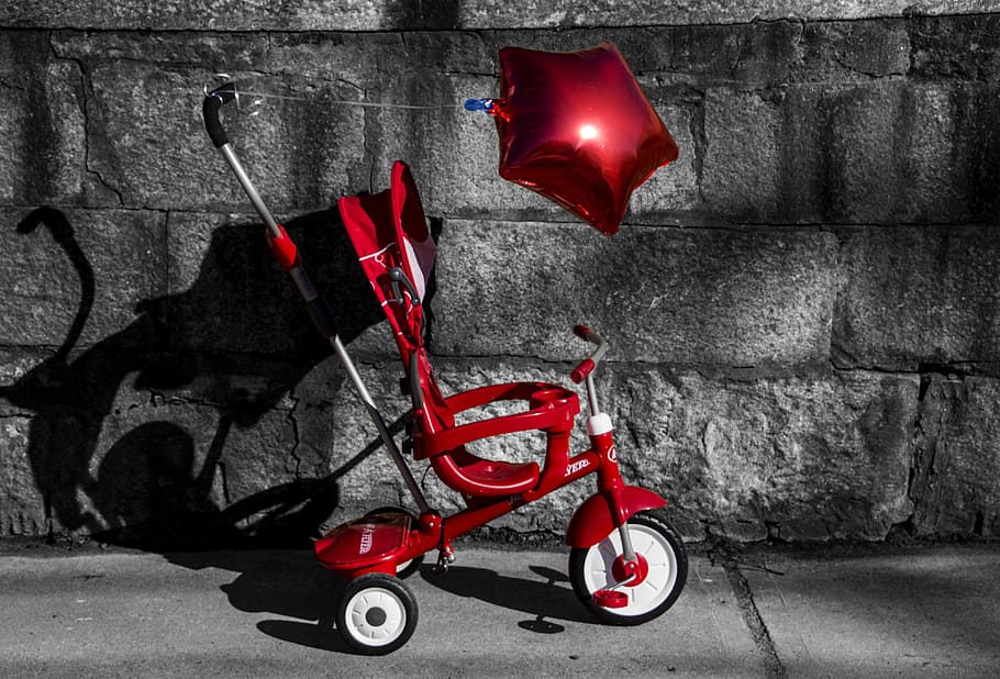 Carrinho de criança, Vermelho, Balão, Cinza, Contraste, roda, cor, veículo com rodas, movimento, ninguém