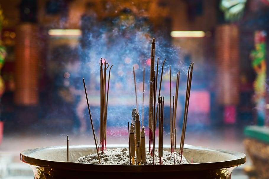 shallow, focus, incense sticks, incense, prayer, buddhism, travel, temple, religion, buddhist