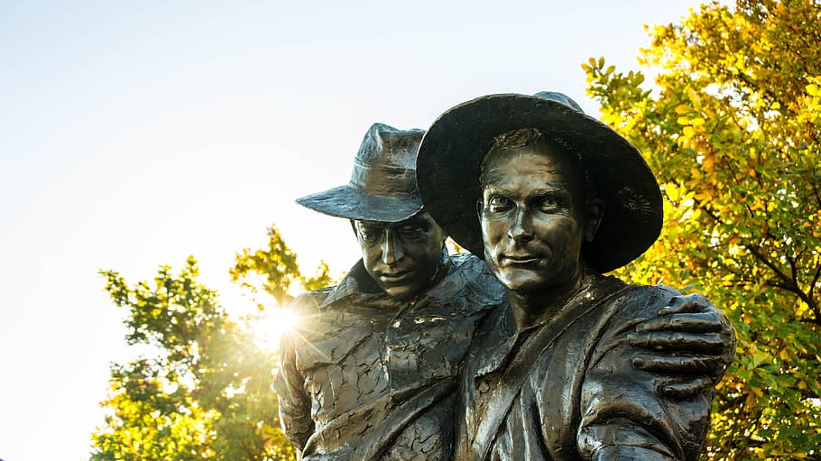 two, men monument, daytime, anzac, soldier, soldiers, friendship, friends, warriors, army
