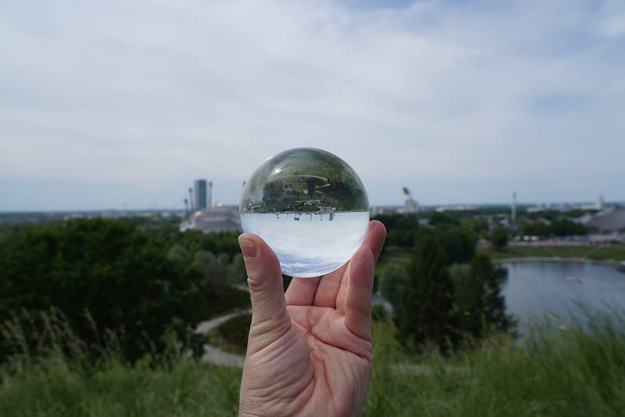 lens ball, mirroring, olympic stadium munich, water, architecture, buildings, olympic parc munich, holding, crystal ball, human hand