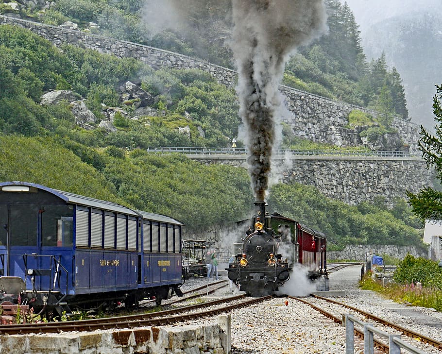 steam railway furka-bergstrecke, steam locomotive 6, exit at gletsch, full steam, smoke, slope, start, travel, train, railway