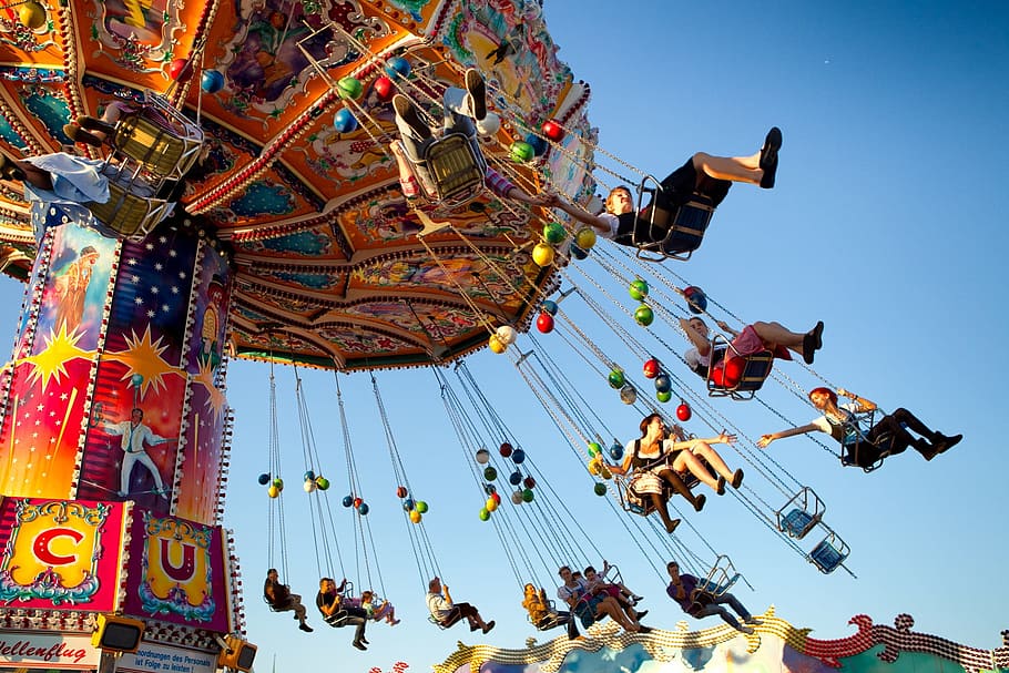 red, blue, theme park, ride, munich, oktoberfest, carousel, fun, chain carousel, folk festival