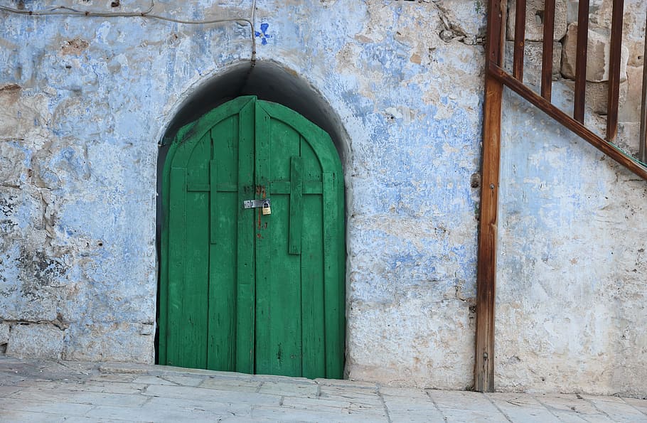 israel, jerusalem, old city, wall, green, door, entrance, doorway, architecture, house