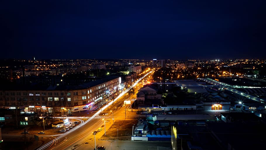 ciudad, kharkov, noche, vista, extracto, ucrania, vista desde el techo, iluminado, arquitectura, transporte