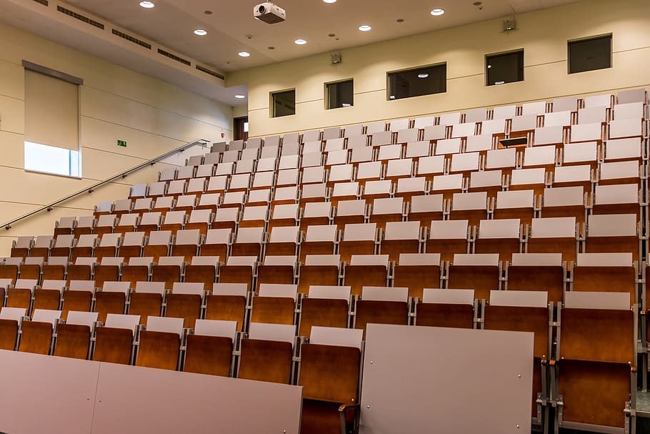 brown, wooden, chair lot, white, projector, room, lecture hall, assembly hall, audience, lectures