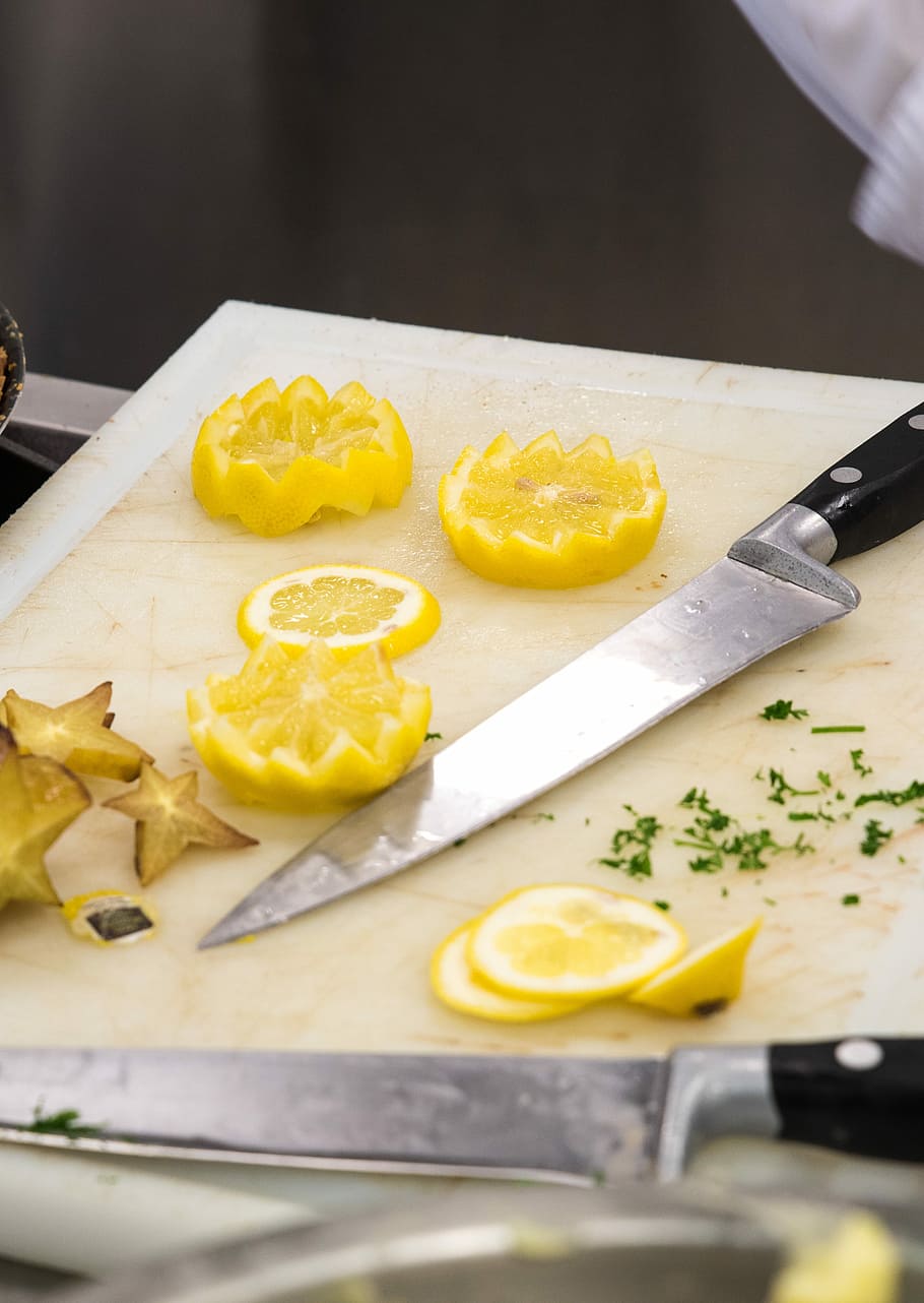 Lemon, Knife, Kitchen, preparation, food and drink, indoors, freshness, slice, cutting board, food