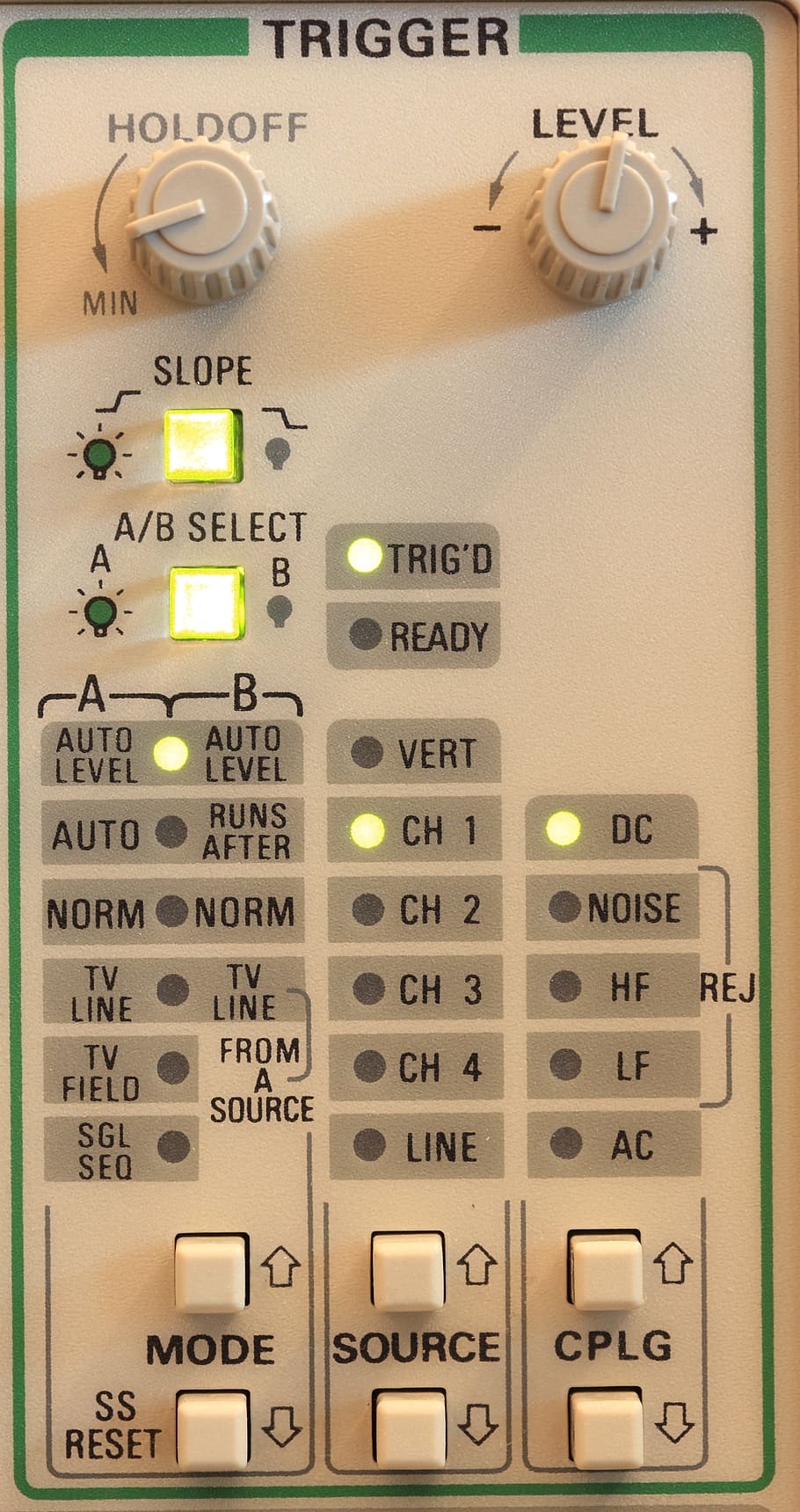Tektronix, Scope, Oscilloscope, 2245a, medida, electrónica, equipo, frontal, panel, controles