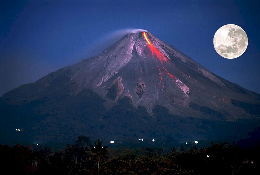 volcano eruption, night, volcano, erupting, full moon, mountain, mt merapi, indonesia, eruption, lava