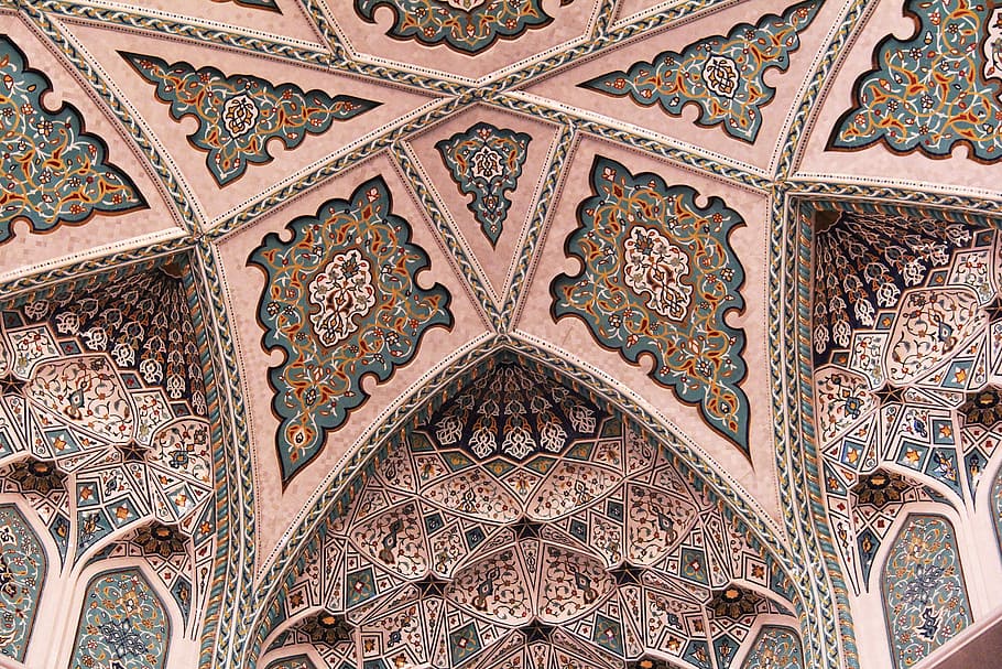 pink, multicolored, foliage, painted, dome building ceiling, pattern, decoration, art, architecture, culture
