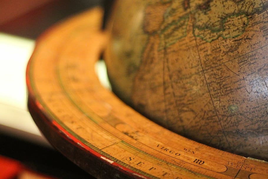 brown, wooden, desk globe, globe, world, travel, coordinates, map, close-up, indoors