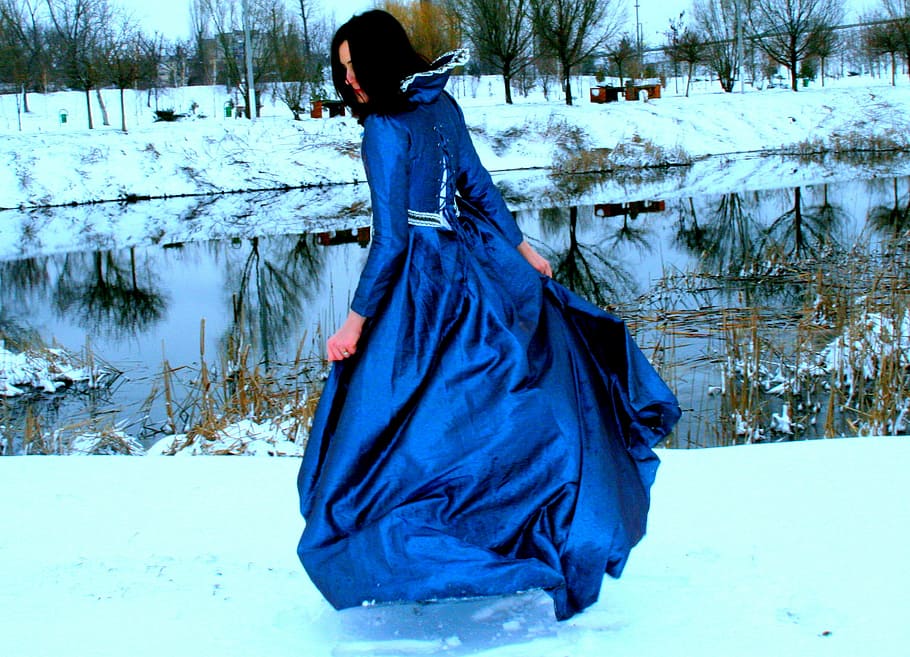 woman, swaying, royal-blue gown, snow, girl, princess, blue, dress, nice, women