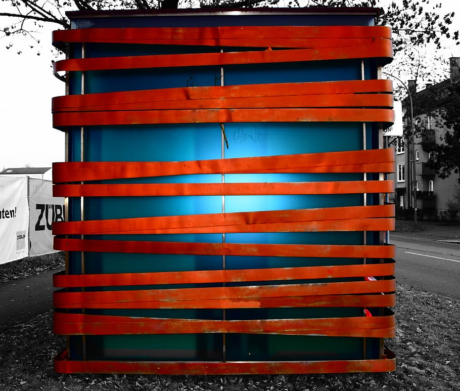 art, transformer-house, colorful, bands, city, modern art, red, lines, packed, color