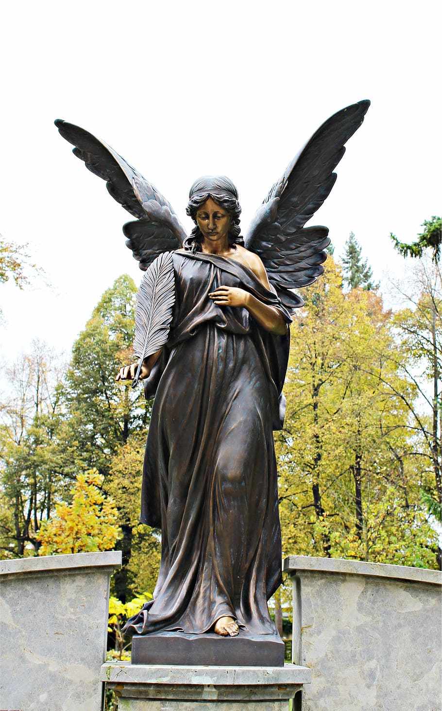 em pé, fêmea, estátua de anjo, dia, Anjo, Escultura, Estátua de bronze, cemitério, bronze, túmulo
