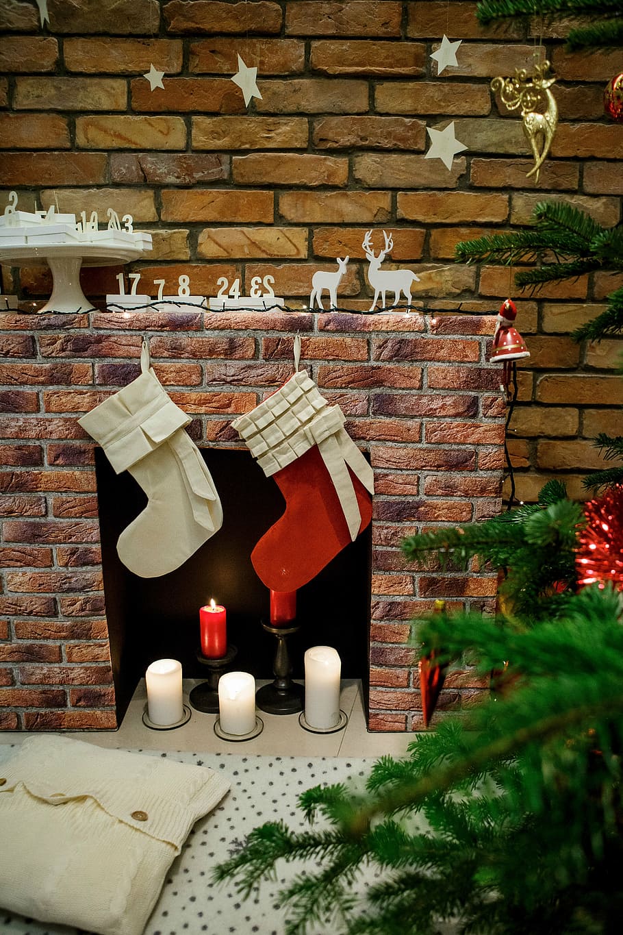 two, white, red, christmas stockings, fireplace frame, christmas, advent calendar, winter, decorations, merry