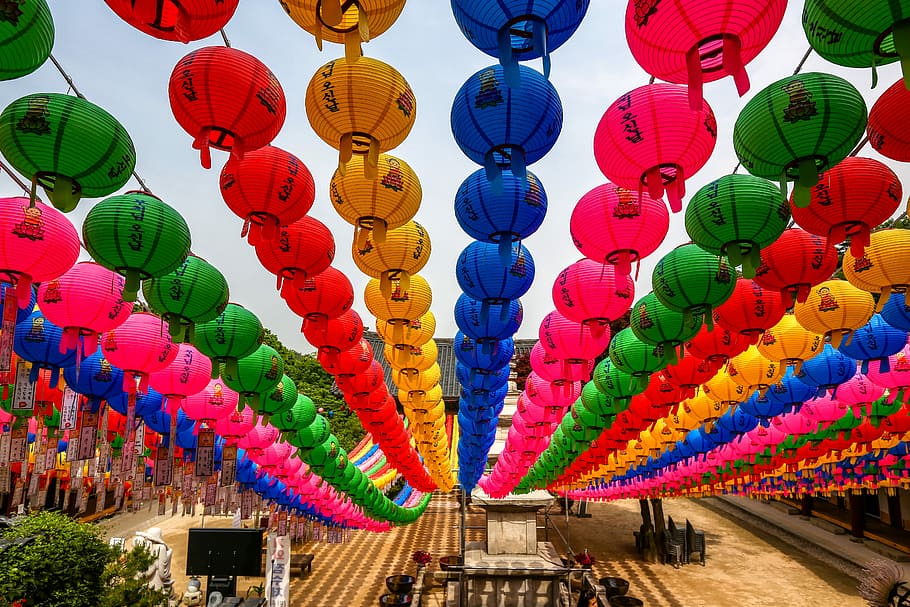 landscape photography, lantern, buddha's birthday, wish, republic of korea, at cancer, multi colored, hanging, lighting equipment, chinese lantern