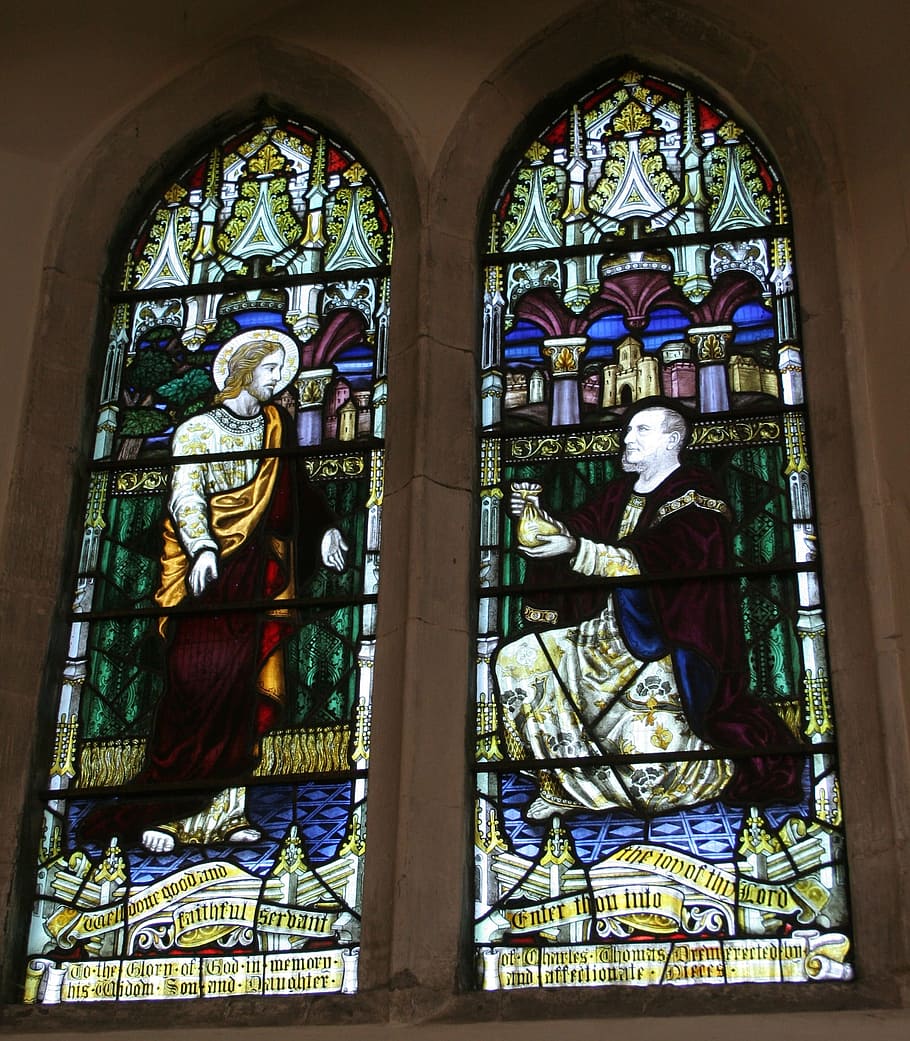 stained glass window, chartham, st mary's, matthew 25, parable, talents, good, faithful, servant, jesus