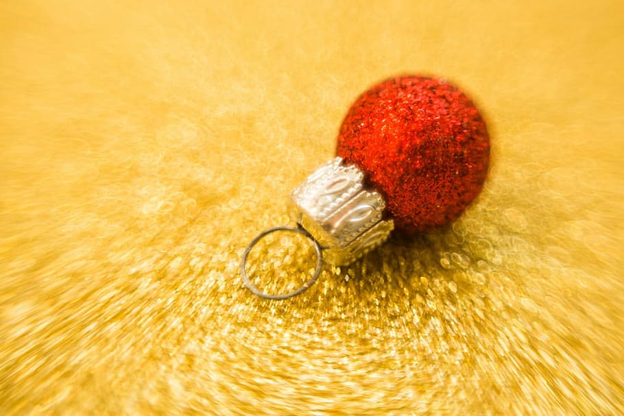 merah, coklat, perhiasan natal, kuning, permukaan, selektif, fokus, fotografi, bola, oranament