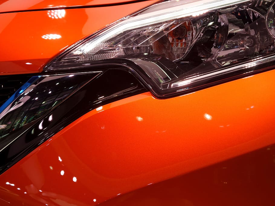 Car, Front, Showroom, Prototype, Vehicle, automobile, design, nissan, red, orange color