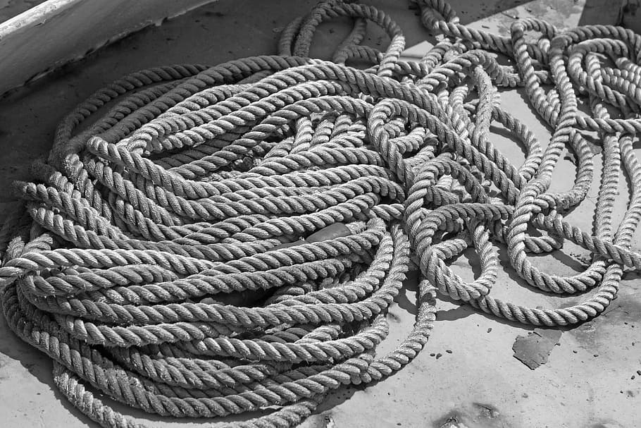 黒と白, ロープ, 海洋, 航海, もつれたロープ, コイル状ロープ, ボート, モノクロ, 強さ, ない人