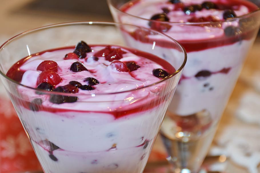 two, clear, martini glasses, dessert, glass, sweet, sweet dish, quark, berries, benefit from