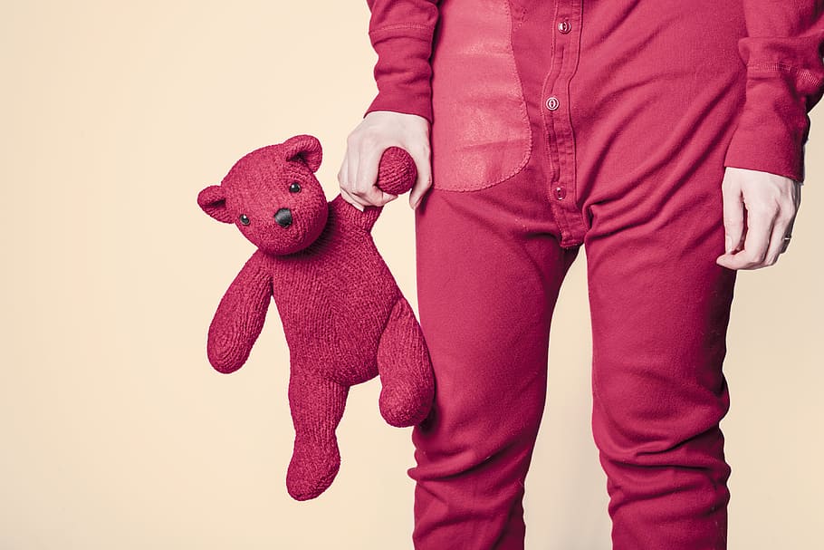 person, holds, pink, teddy, bear, whimsical, toy, red, funny, adult