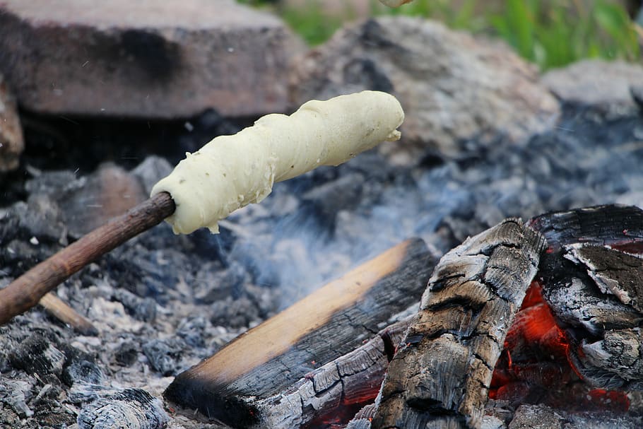 stick bread, campfire, fire, flame, embers, summer, wood, burn, wood fire, adventure