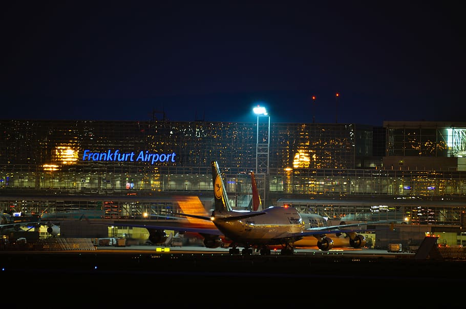 airplane, frankfurt airport, frankfurt, airport, fraport, boeing, 747, night, airliner, aircraft