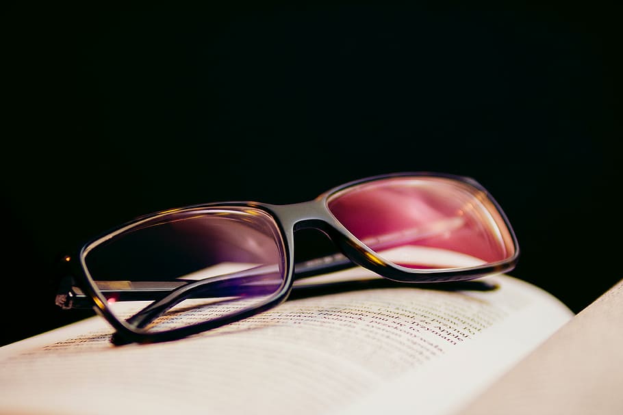 black, framed, eyeglasses, book page, reading, book, eyewear, sunglasses, eyesight, black color