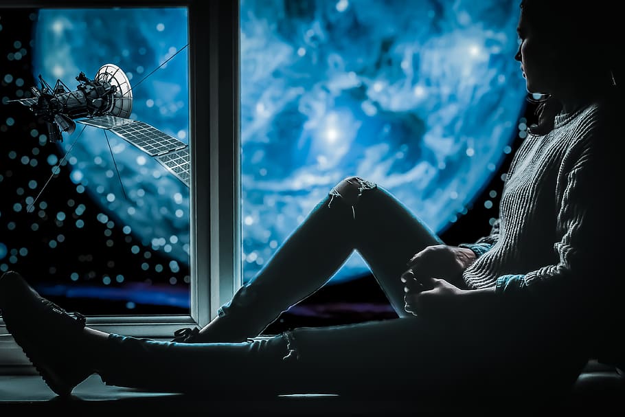 fantasy, window, satellite, planet, girl, women, sitting, alone, wait, sad