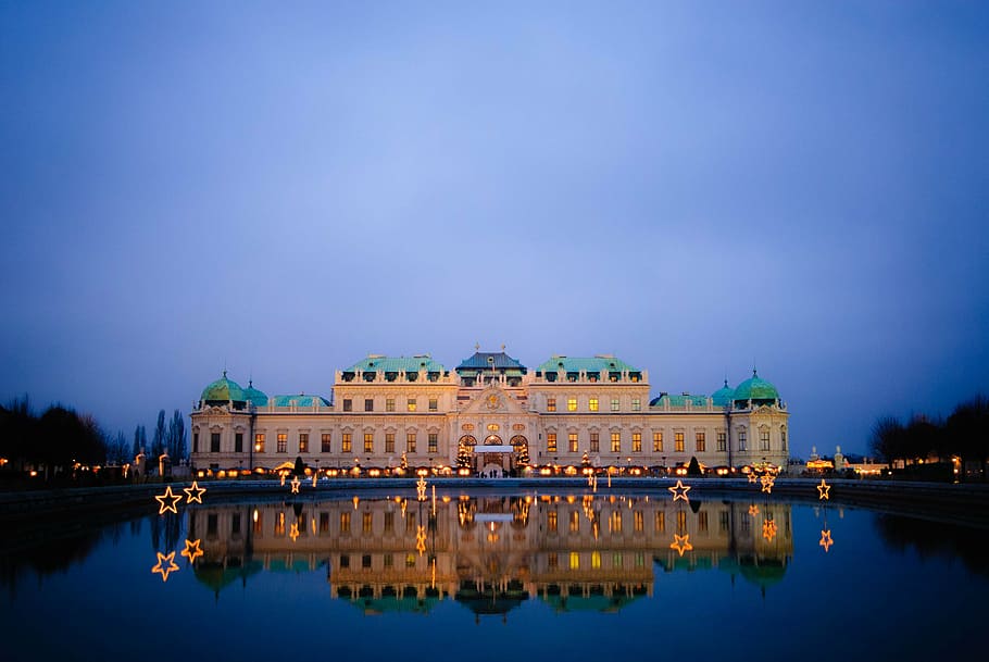 white concrete palace, vienna, night, austria, belvedere, castle, mirroring, architecture, famous Place, palace