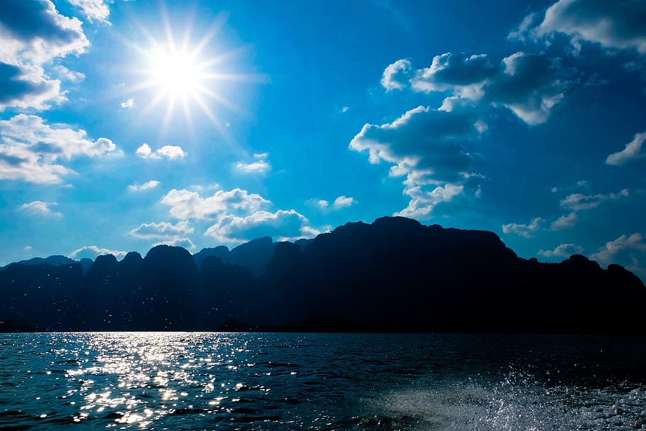Tailandia, Presa, Agua, Bote, Madera, Nube, Montaña, Cheow Lan Dam, luz solar, reflexión
