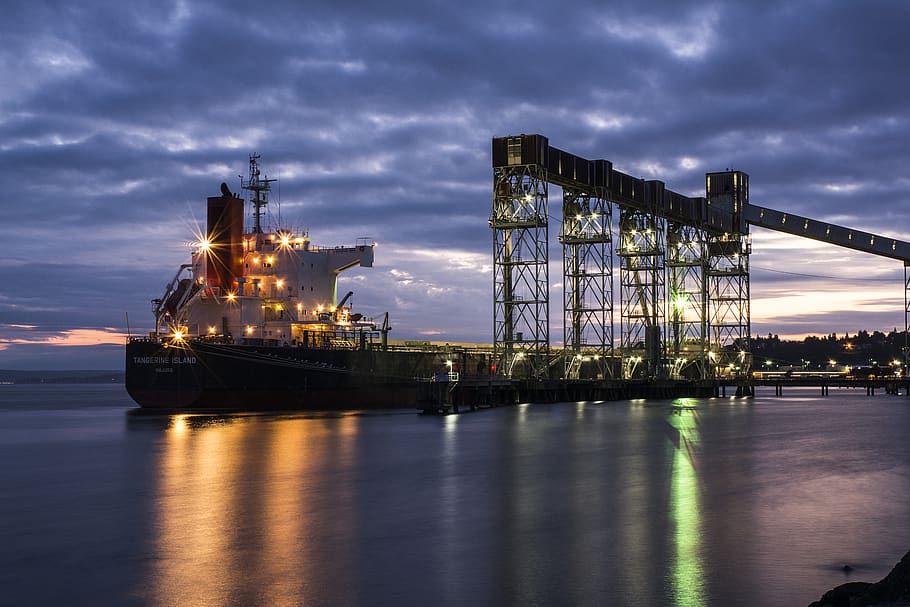 long exposure, ships, ports, piers, water, night photography, reflections, shipping, sky, clouds