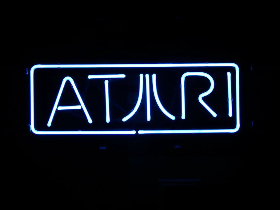 atari, neon, sign, logo, computer, illuminated, communication, text, blue, black background