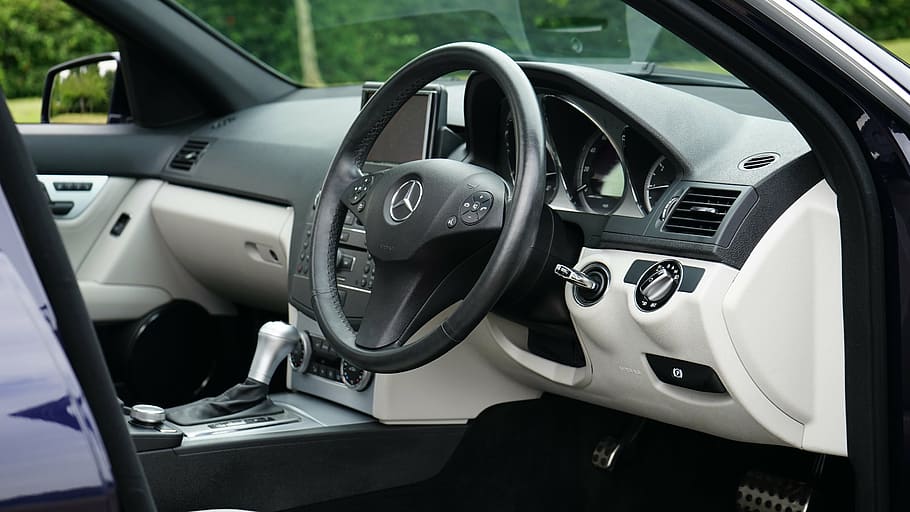 black, mercedes-benz car steering wheel, car, steering wheel, steering, wheel, driving, vehicle, dashboard, interior