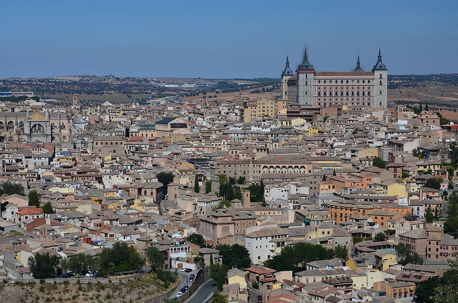 aerial, cityscape, day, Toledo, Spain, Old City, Architecture, toledo, spain, skyline, city