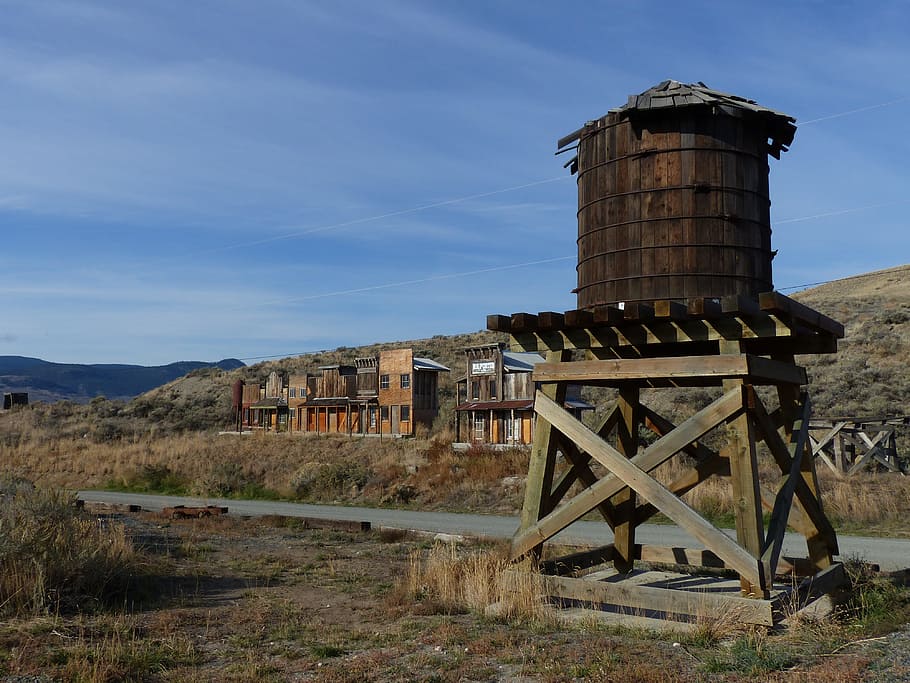 brown, wooden, water tank, deadman, ranch, ancient, buildings, western style, wild west, ghost town