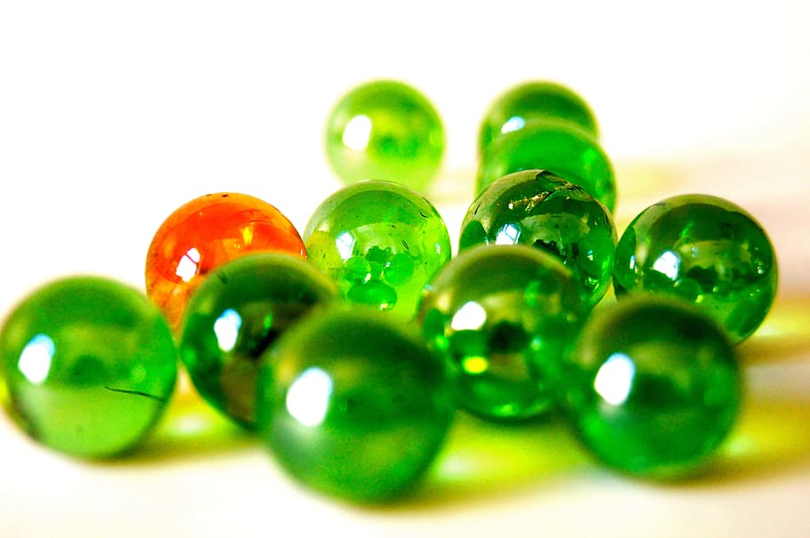 green, orange, marble toy, white, surface, Glass, Marble, Colorful, Green, Pearl, pearl